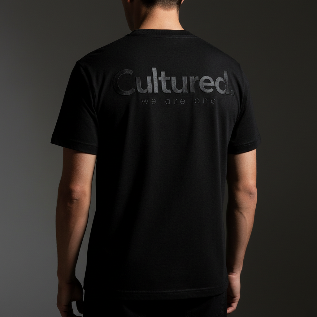 Black/black back view with lighting to emphasize embossed "we are one" text