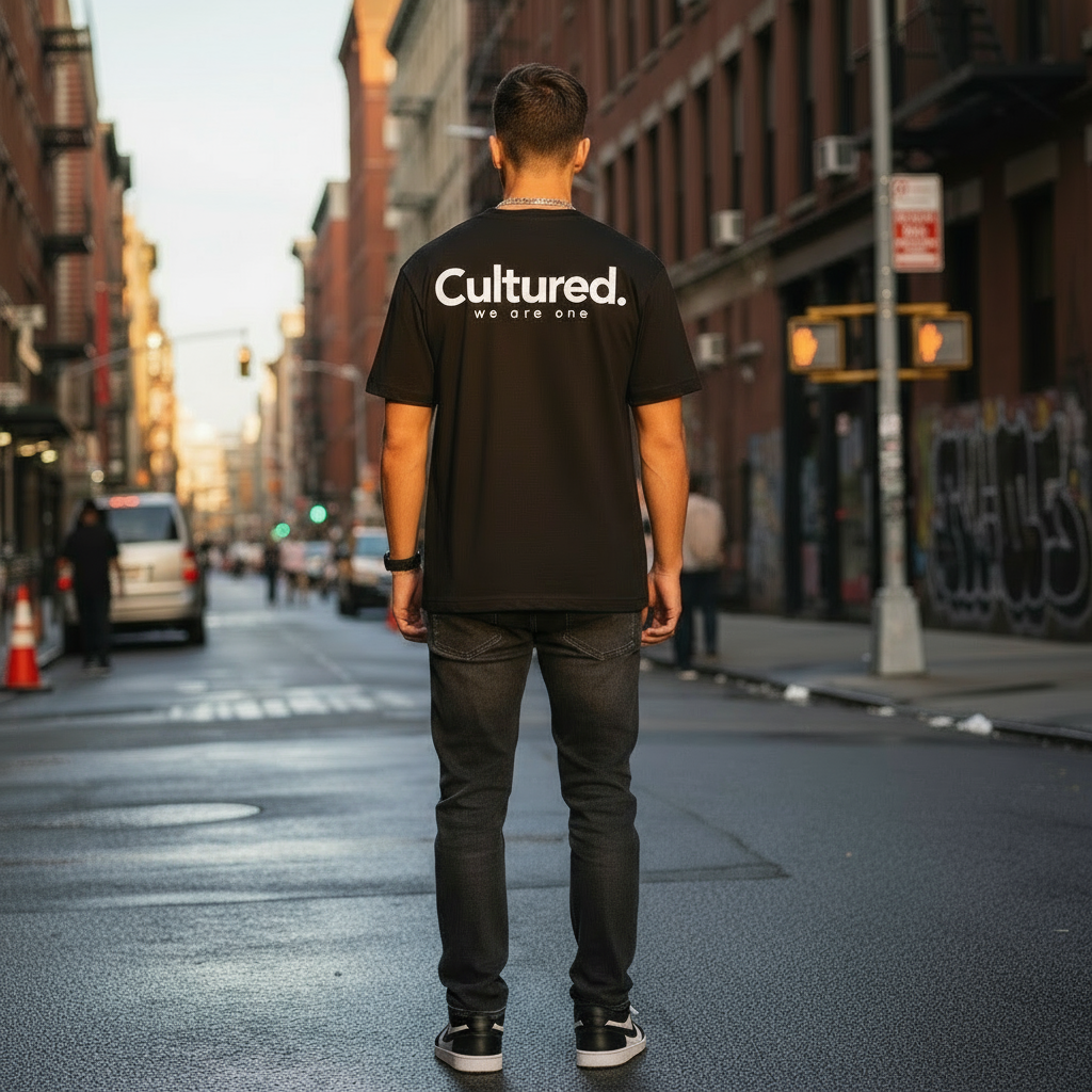 Black/white t-shirt - urban street back view