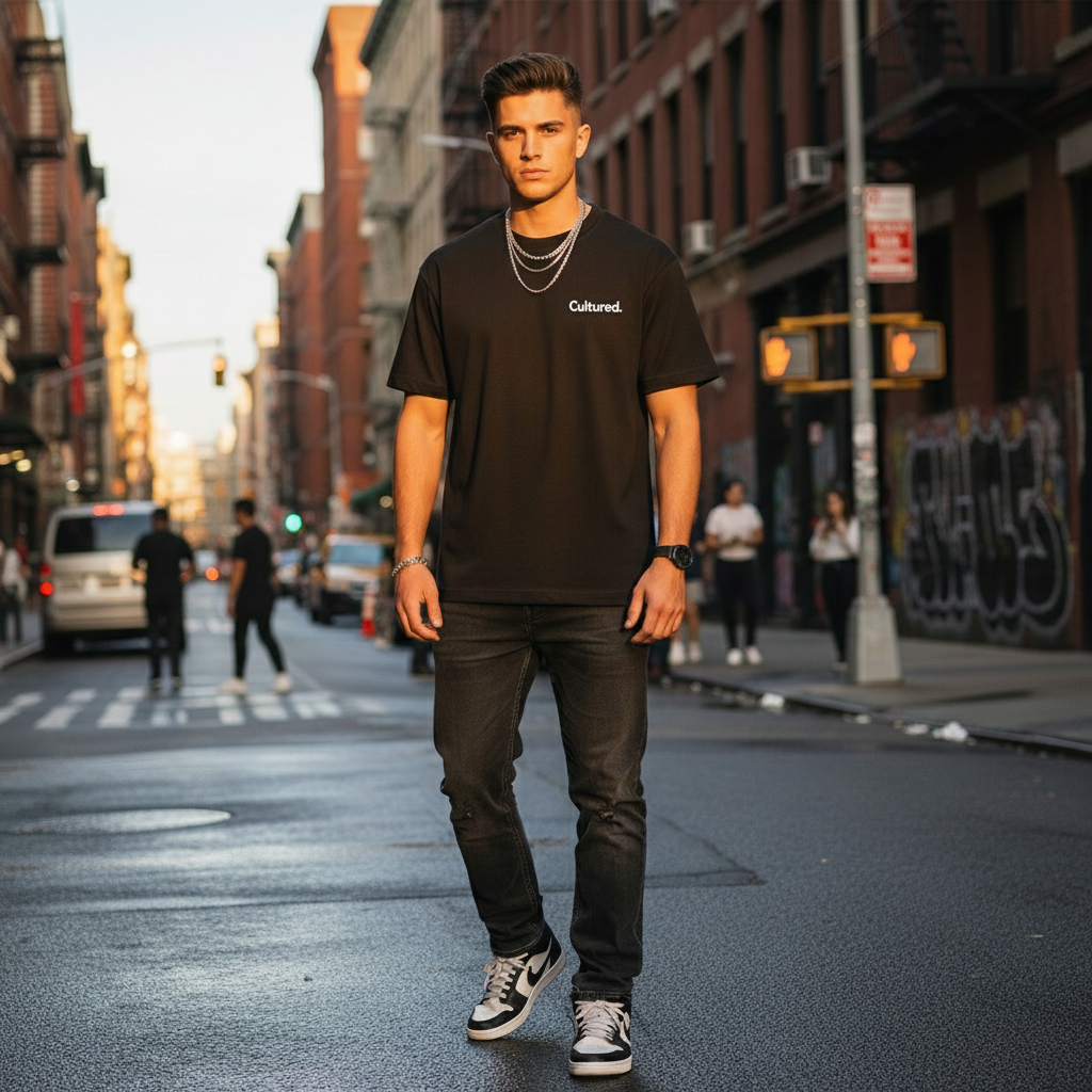 Black/white t-shirt - urban street front view