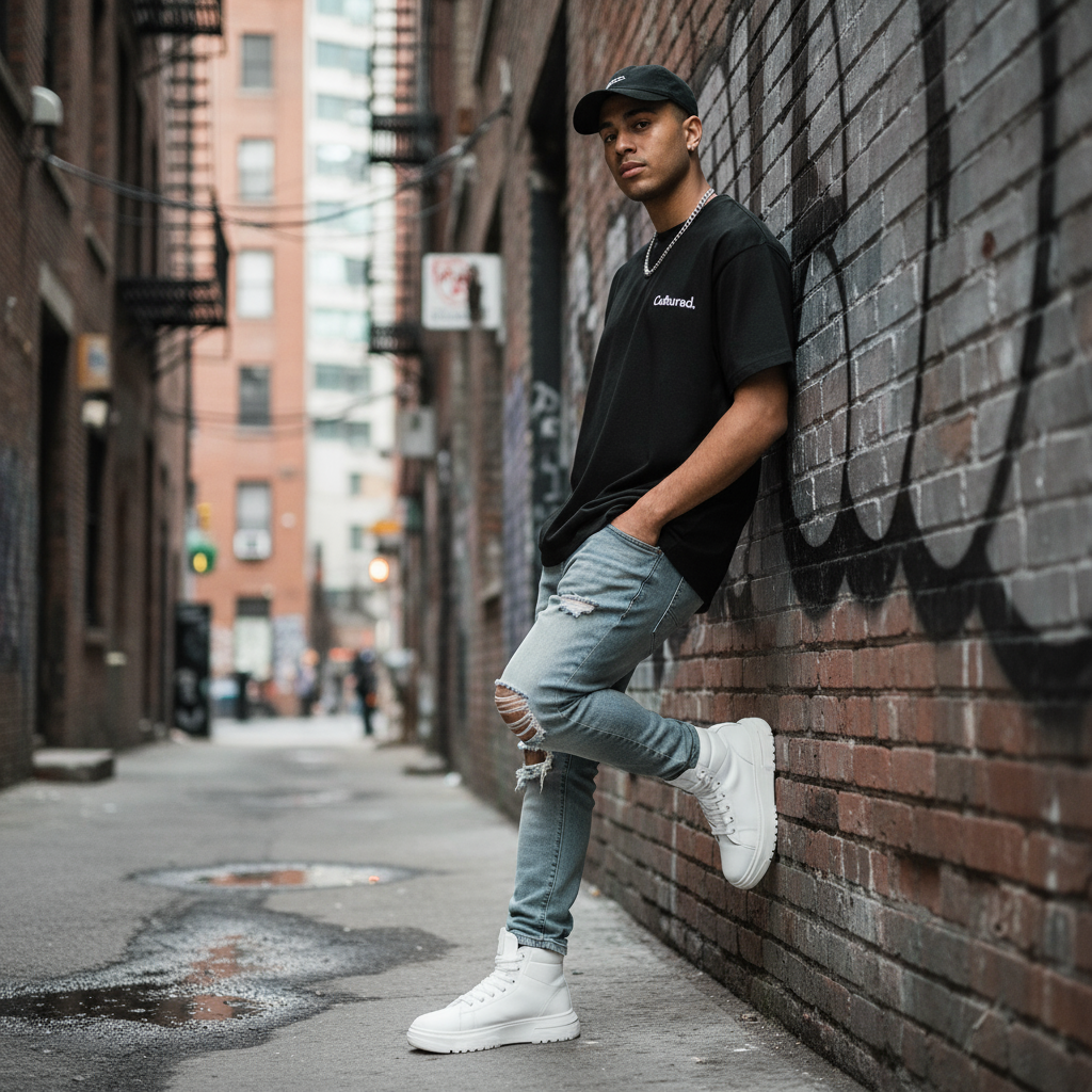 Urban brick wall streetwear shot