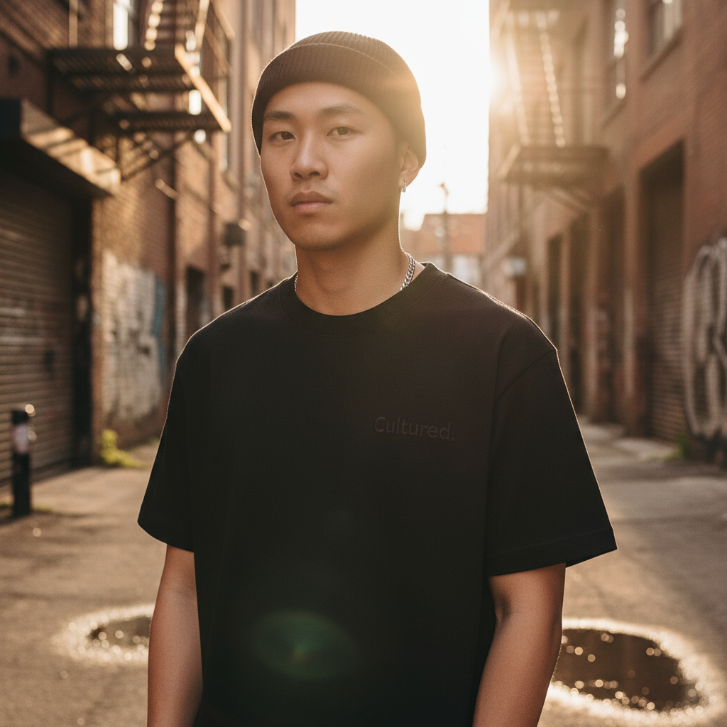 Urban/lifestyle shot with golden hour lighting showing embossed detail